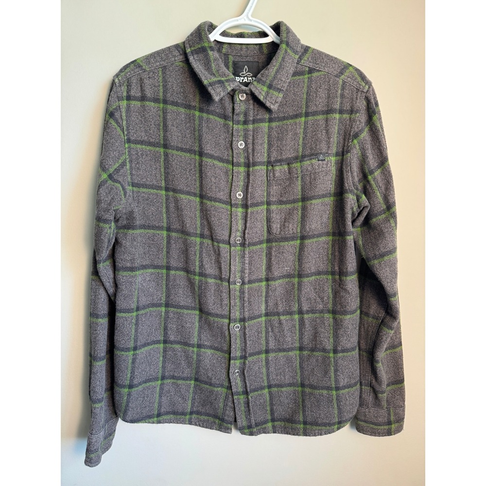 Prana Plaid Flannel Button Down Shirt Mens S Gray Green Outdoor Hiking School